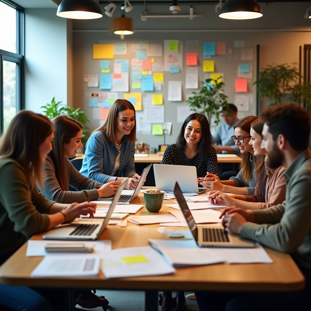 Equipo colaborando en una sesión de estrategia