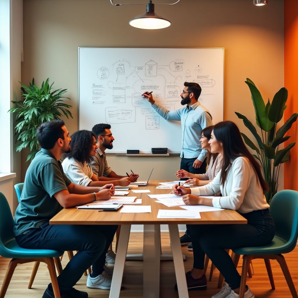 Equipo de consultores colaborando en una oficina moderna.